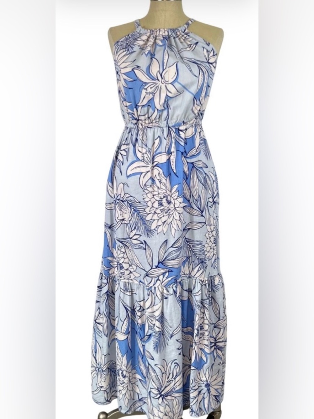 H by Halston Blue Floral Halter Maxi Dress Size Small